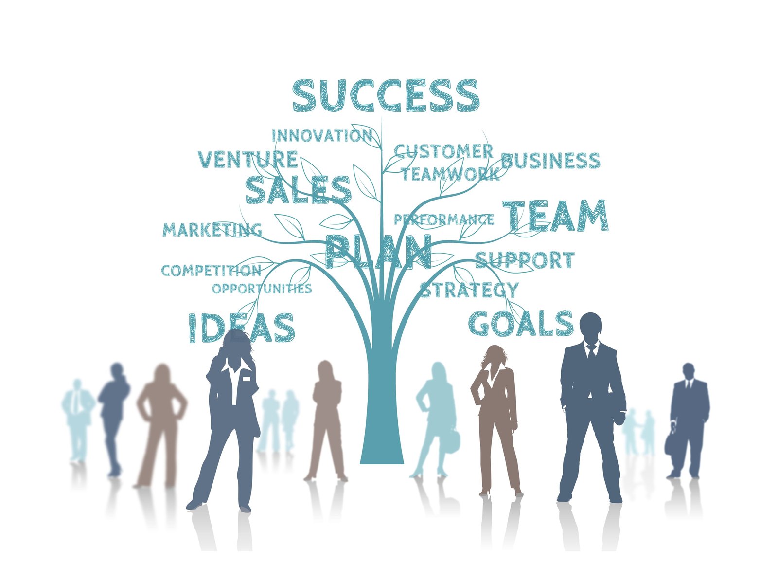 Baum aus Begriffen wie Success, Plan, Team und Strategy, davor die Silhouetten von Geschäftsleuten