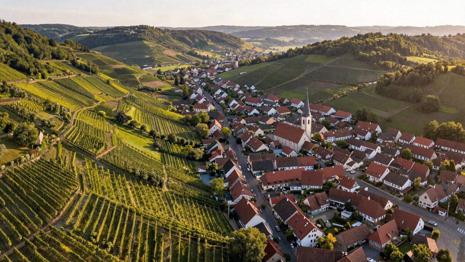 Blick über eine Ortschaft im Neckartal mit Weinbergen und Feldern